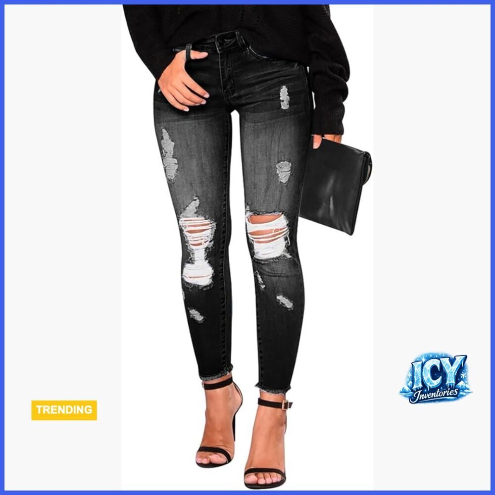 Skinny Ripped Distressed Jeans Stretchy Denim Pants